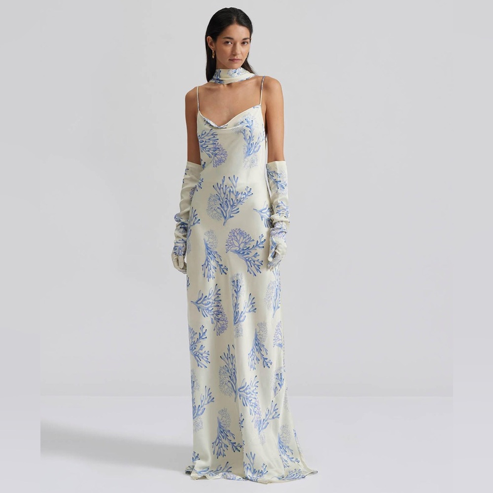 By Malina - Eliza Blue and Cream Coral Maxi Dress w/ Scarf & Gloves!